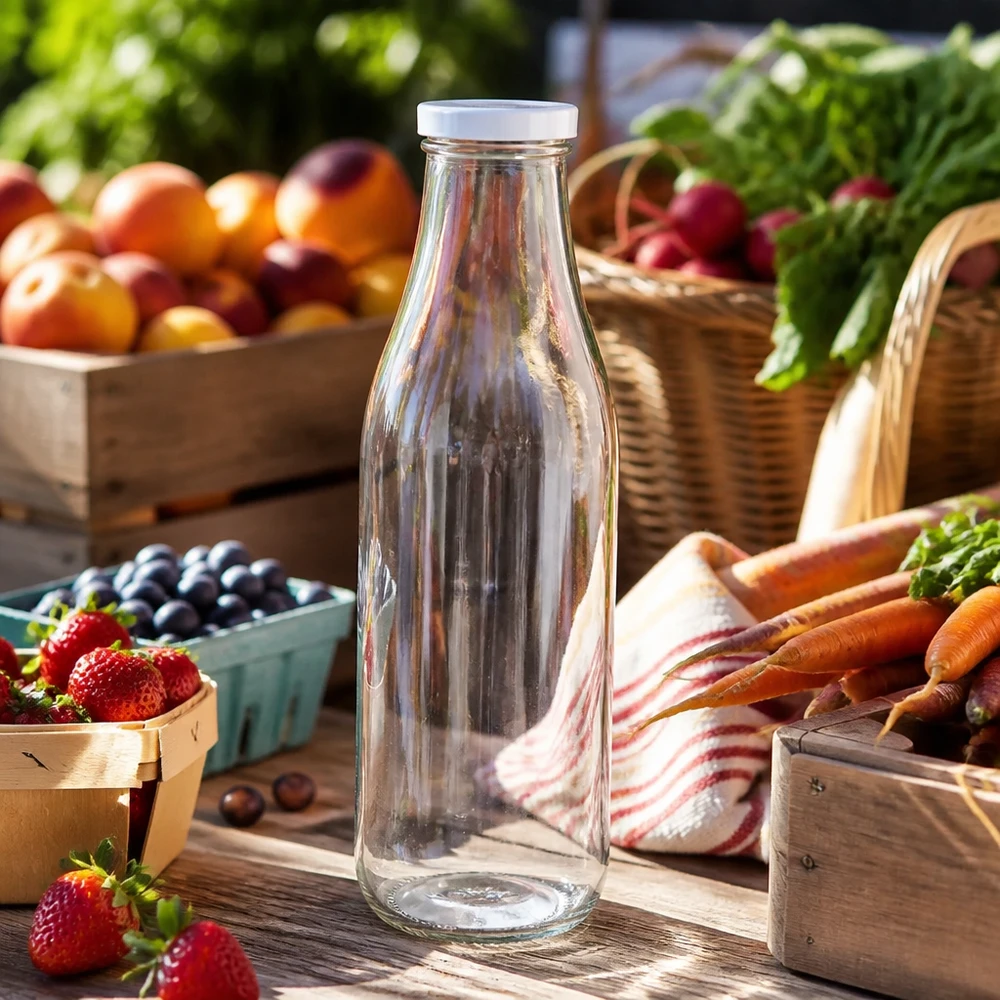 1000 ml glasflaske + BasicSeal-låg hvid UNiTWIST. Absolut lækagesikker med stort TO48-låg. Til mælk, juice og limonade. 1000 ml glasflaske tom BasicSeal låg hvid markedsbod frisk frugt grøntsager bær gulerødder udendørs sceneri