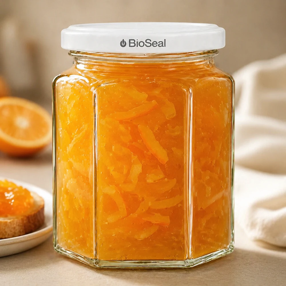 UNiTWIST Hexa288 med hvidt låg TO63 BioSeal UNiTWIST Hexa288 syltetøjsglas fyldt med appelsinmarmelade og hvidt TO63 BioSeal-låg ved siden af ristet brød