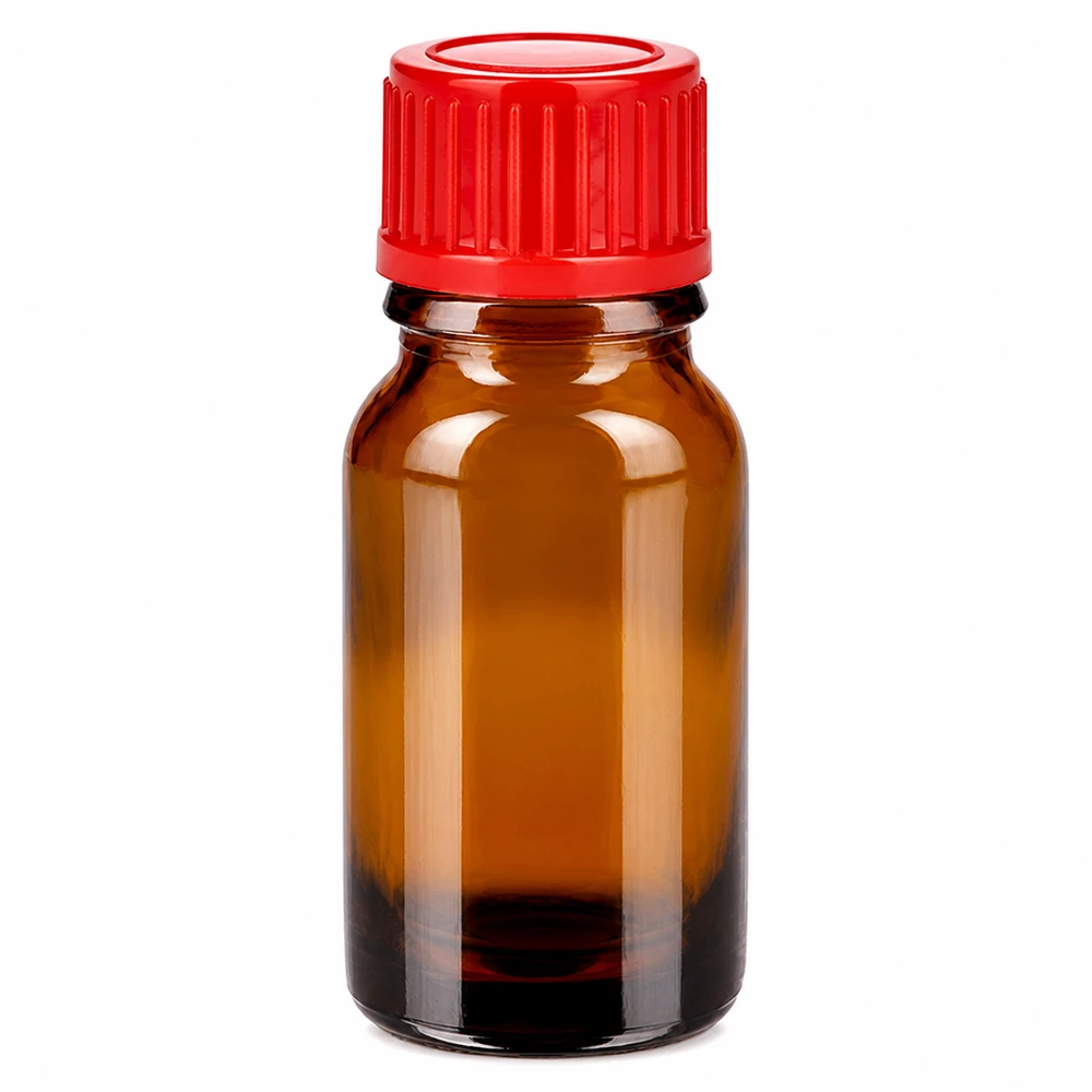 10 ml ravfarvet glasflaske med rødt skruelåg til æteriske olier og medicin
