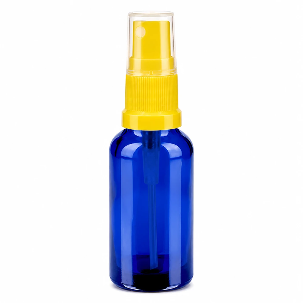 30 ml sprayflaske af blåt glas med gul pumpeforstøver til kosmetik og æteriske olier
