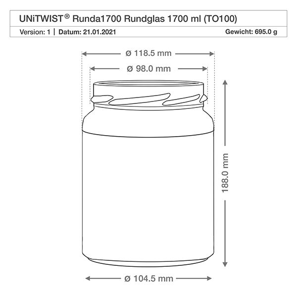 UNiTWIST Runda1700 - Briller med en kapacitet på 1700 ml TO100 UNiTWIST Runda1700 drikkeglas 1700ml TO100 teknisk tegning Dimensioner Dimensioner 118,5mm diameter 188mm højde