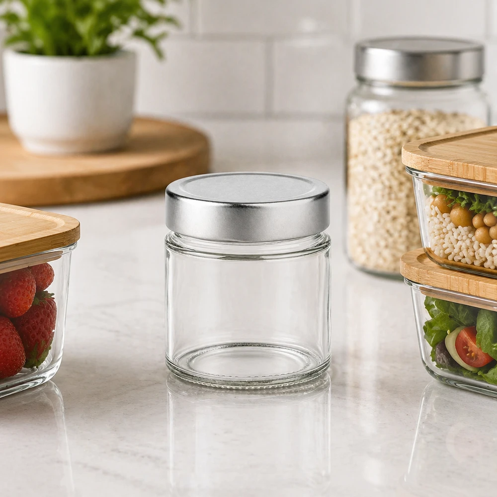 135 ml rund krukke + BasicSeal-låg sølvfarvet dyb UNiTWIST 135 ml rund krukke sølvlåg køkkenlandskab med opbevaringskrukker bær salat korn moderne opbevaring