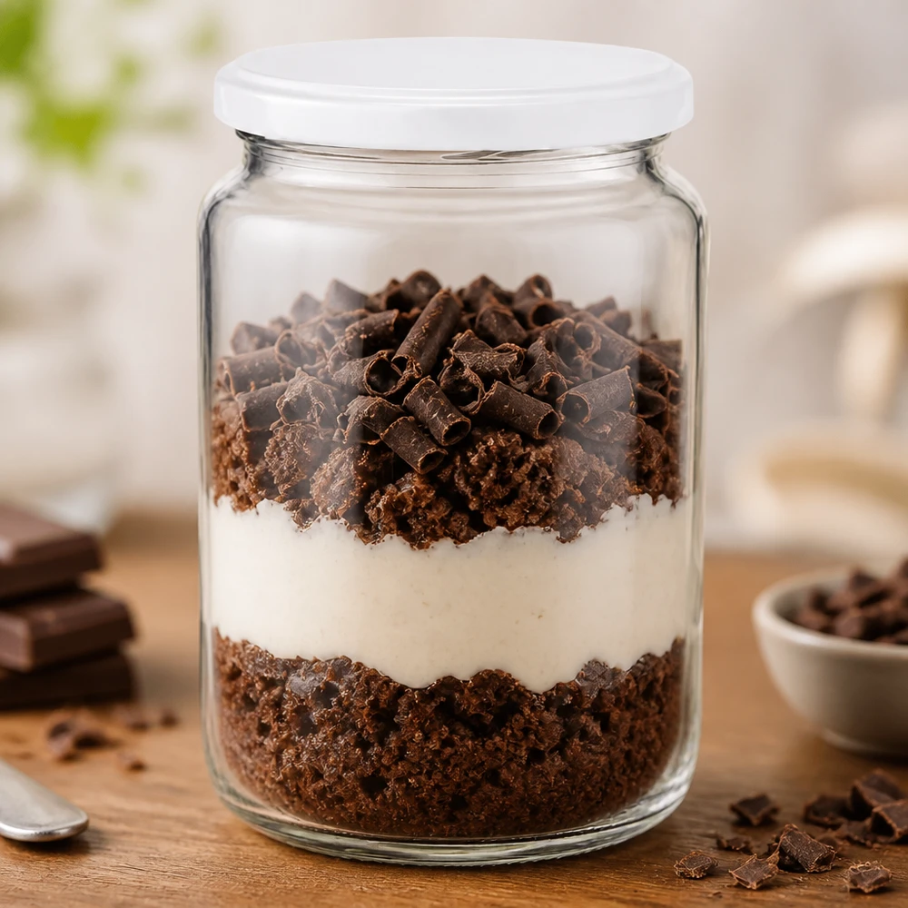 795 ml rund krukke med BasicSeal-låg hvid UNiTWIST 795 ml rundt glas UNiTWIST fyldt med lagdelt chokoladedessert viser praktisk brug som dessertglas