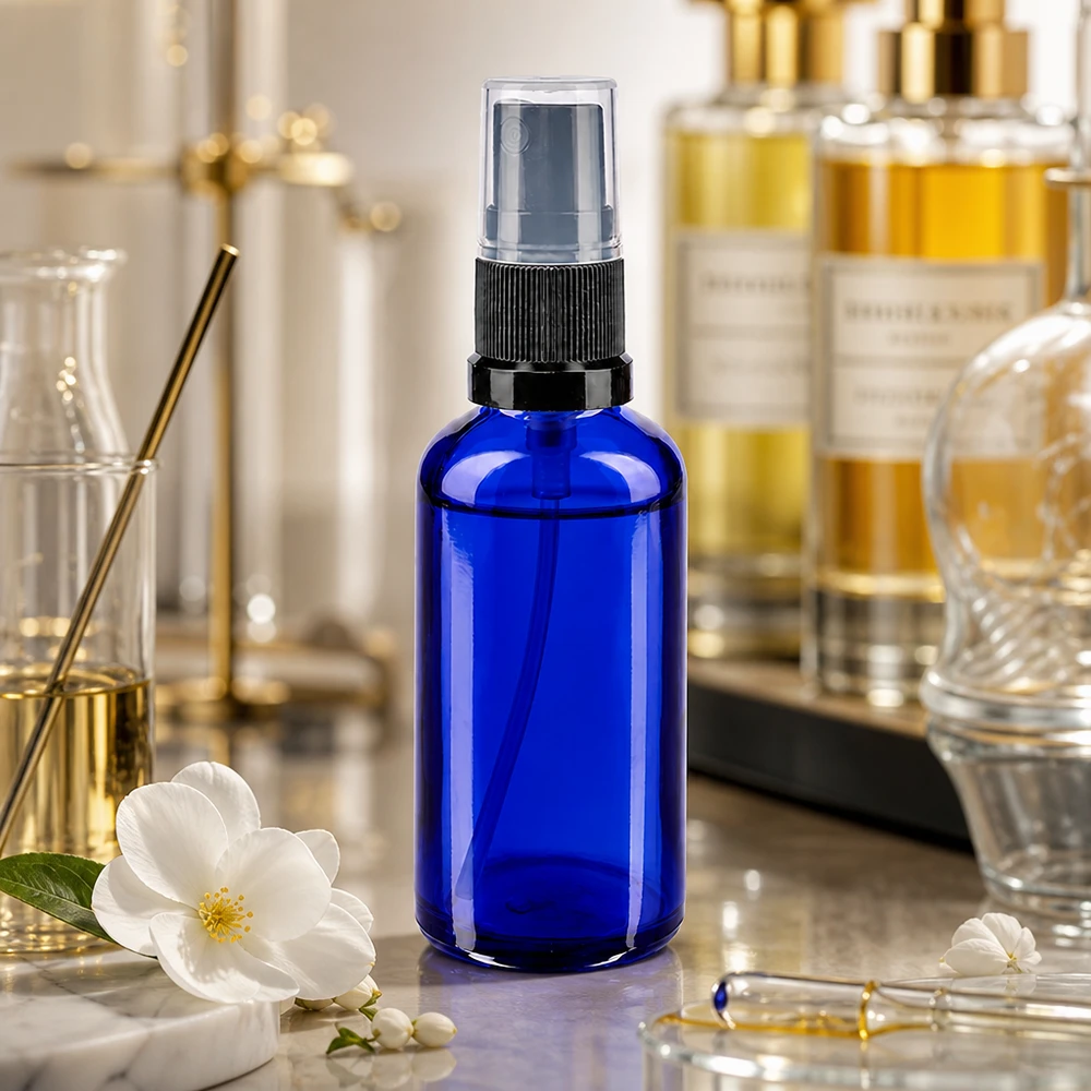 Apotekerflaske blå 50 ml spraytilbehør sort Blå 50 ml sprøjteflaske af apotekerglas med sort finforstøver og hvid blomst