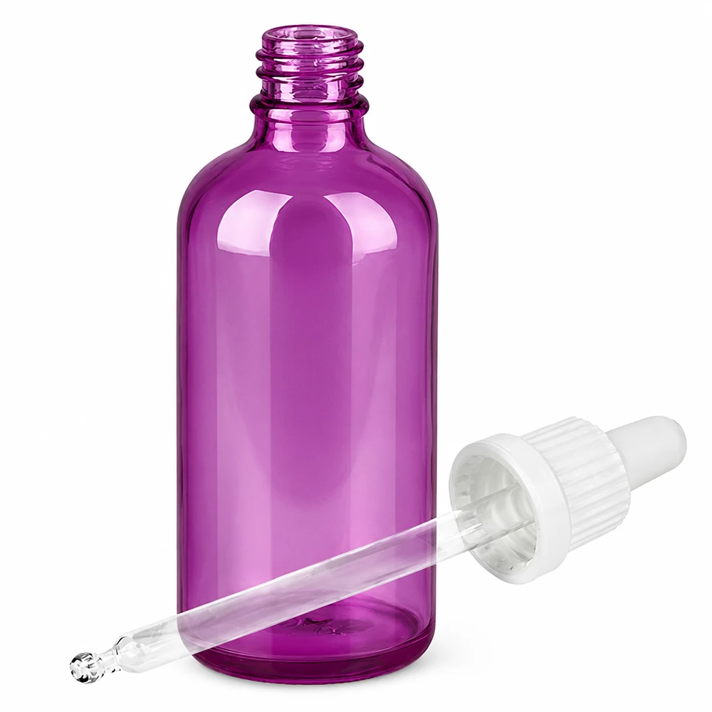 100 ml pipetteflaske hvid Originality skruelåg PurpleLine UT18/100 Lilla 100 ml glasflaske med pipette til æteriske olier og serum
