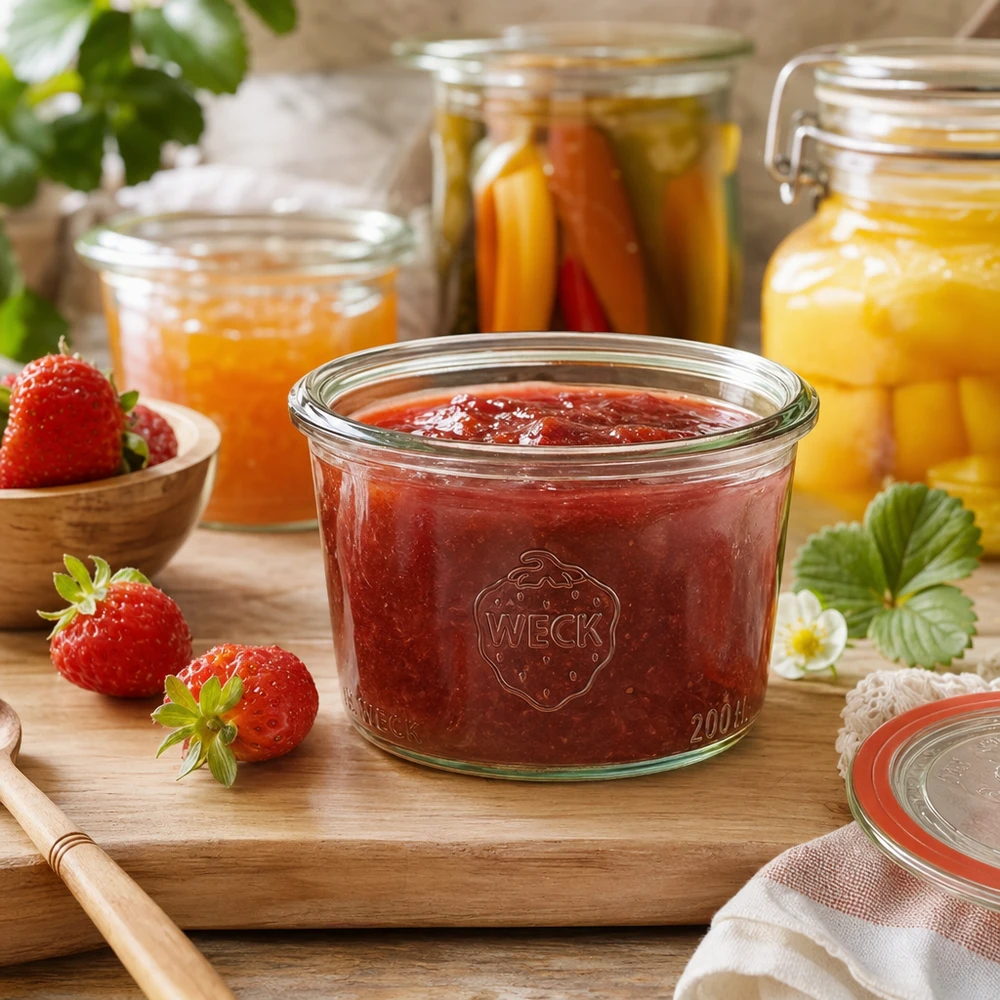 200 ml WECK RR80-glas med skrå kant 200 ml WECK RR80 murerbalje fyldt med jordbærmarmelade på en træplade ved siden af friske jordbær og syltetøjsglas