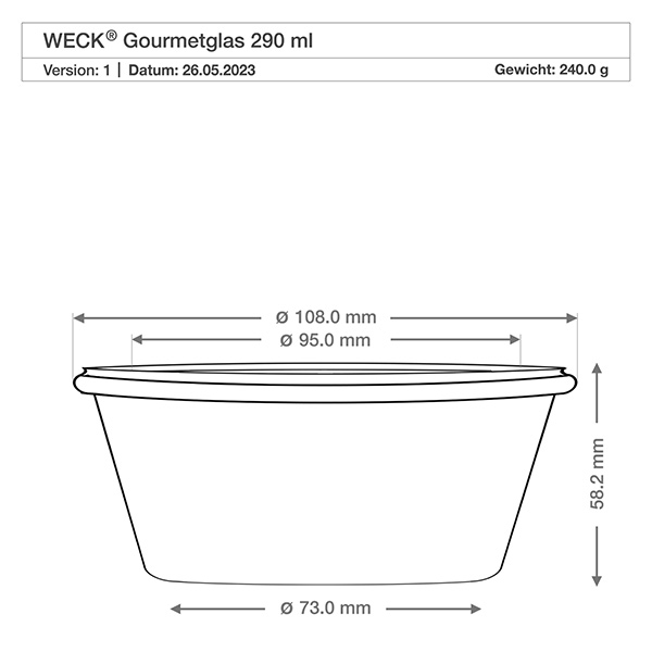 290 ml gourmetglas WECK RR100 Teknisk tegning WECK Gourmet-krukke 290ml RR100 med mål Diameter 108mm Højde 58mm Vægt 240g