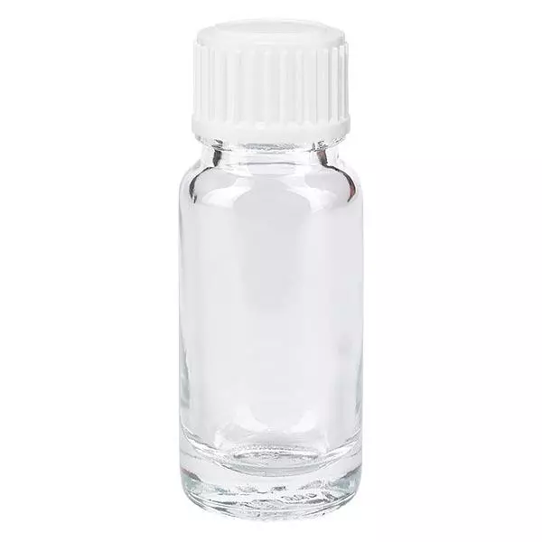Apoteksflaske klar 10ml skruelåg hvide kugler St