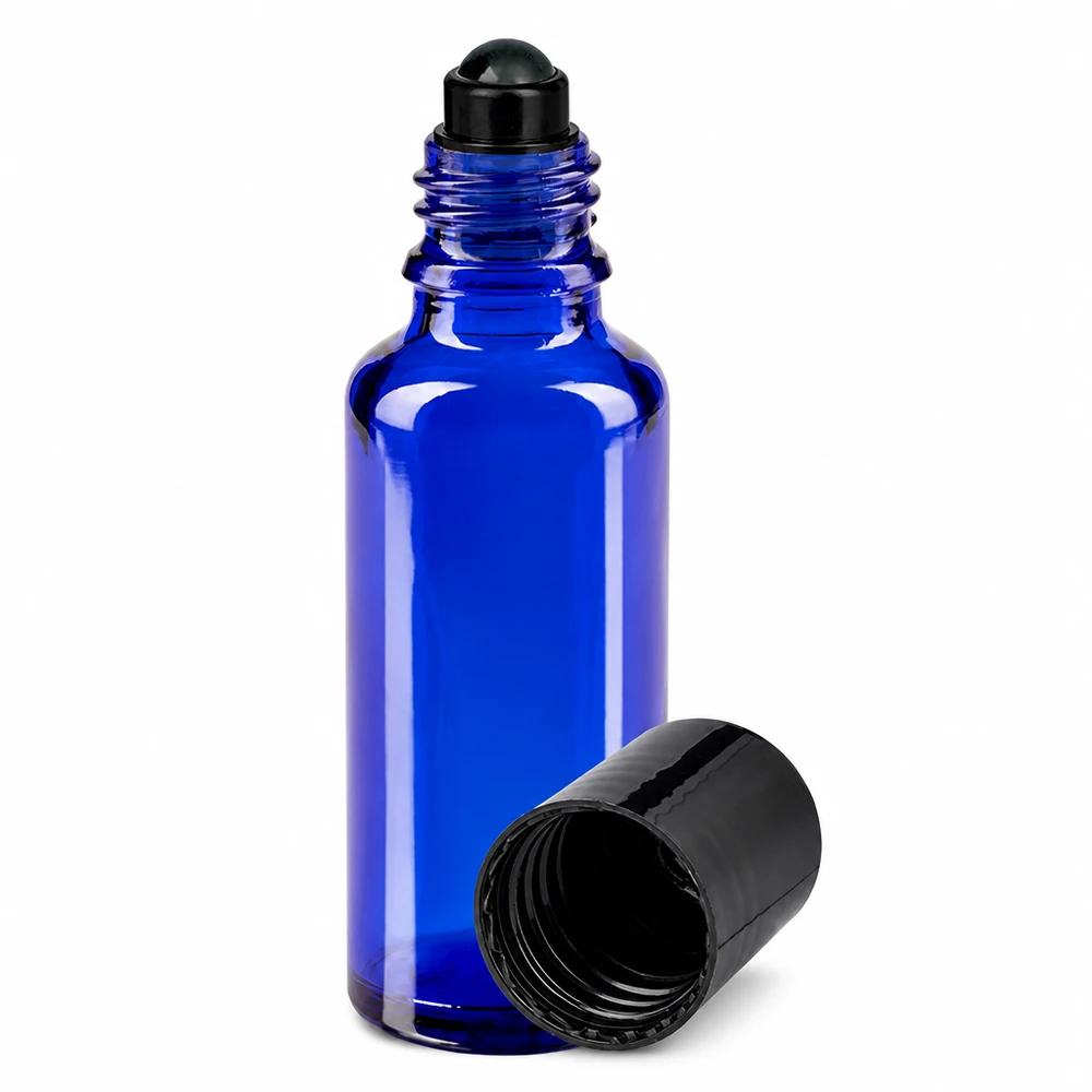 Apoteksflaske blå 30 ml roll-on-hætte sort 30 ml blå glasflaske med sort roll-on-applikator og skruelåg til æteriske olier