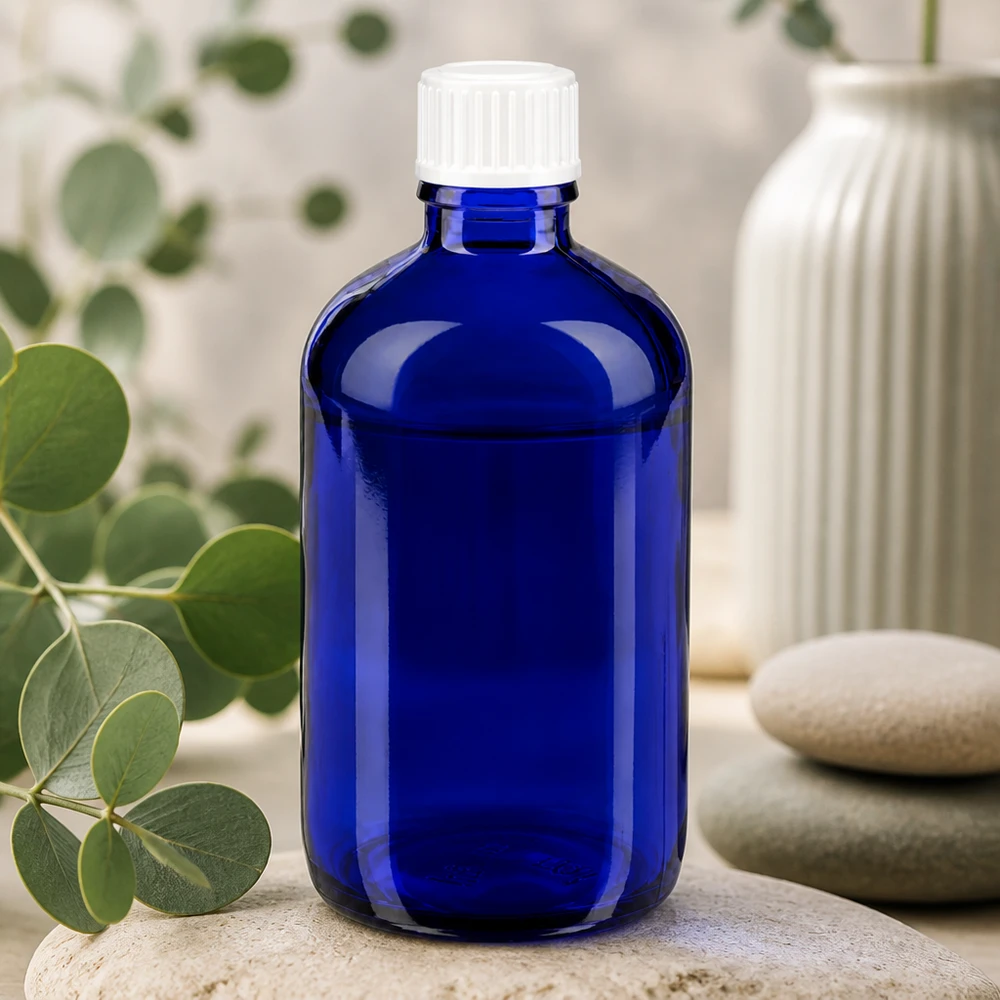Rund 100 ml blå glasflaske med rillet hvid prop på natursten