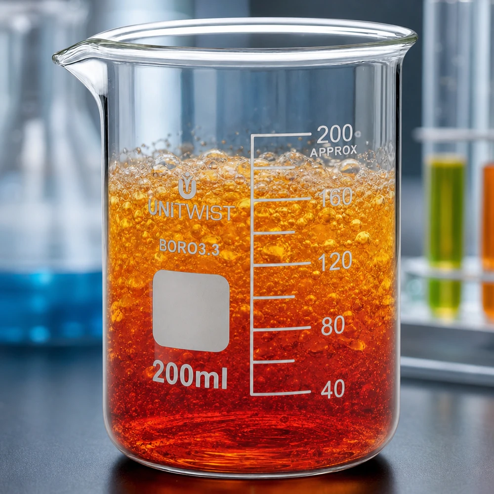 Bæger 200 ml borosilikat, lav skimmel UNiTWIST 200 ml bægerglas af borosilikatglas, lavt, med sprudlende orange-rød reaktionsvæske