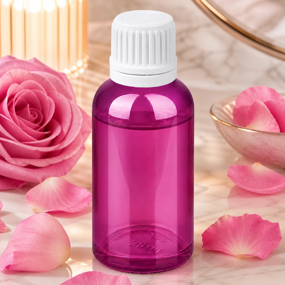 30 ml dråbeflaske 0,7 mm hvid Originality skruelåg PurpleLine UT18/30 30 ml PurpleLine-dråbeflaske med 0,7 mm åbning, ideel til aromaterapi og hudpleje