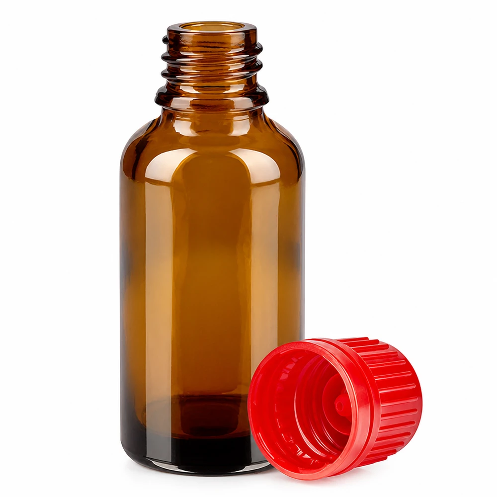 30 ml flaske 11 mm SV rød OV BrownLine UT18/30 Brun 30 ml apoteksflaske med 11 mm gevind og rød hætte til lysfølsomme stoffer