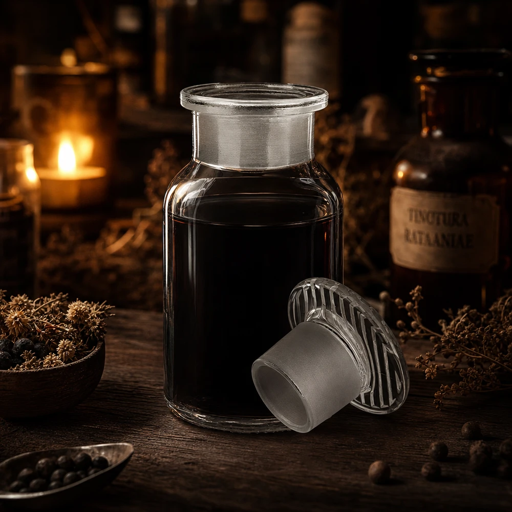 Rund skulderflaske 100 ml klar glasprop med bred hals Rundskulderflaske, 100 ml, klar, med bred hals og glasprop til tinkturer og ekstrakter