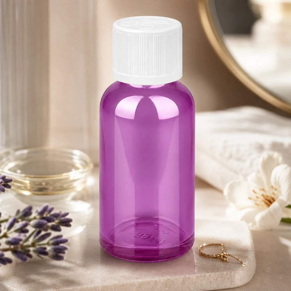 30 ml flaske 11 mm skruelåg hvid standard børnesikret PurpleLine UT18/30 Kompakt 30 ml violet glasflaske med børnesikring til sikker opbevaring af væsker