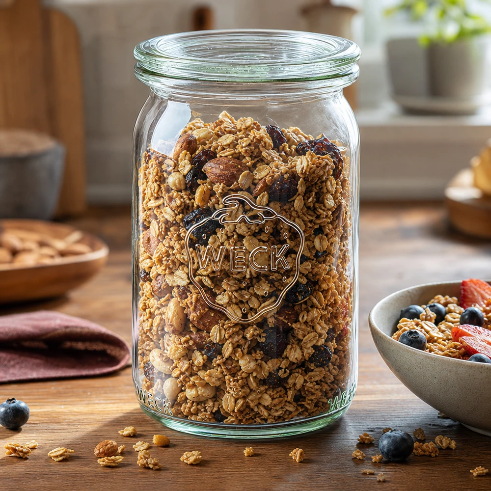 145 ml cylinderglas med glaslåg WECK RR40 WECK 145 ml cylinderglas fyldt med müsli og nødder som opbevaringsglas på et træbord i et moderne køkken