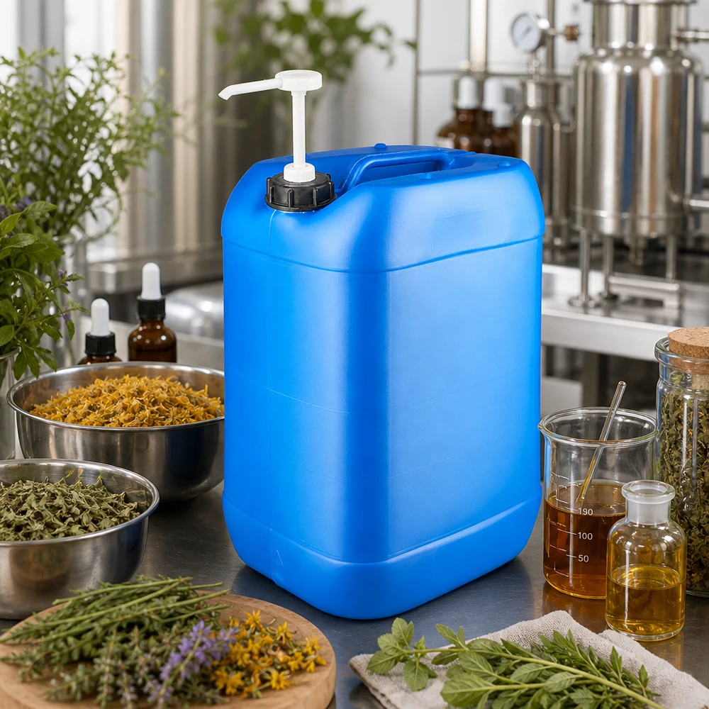 25 liters blå dunk med doseringspumpe Blå 25-liters dunk med doseringspumpe blandt urter og glasbeholdere i produktionen af naturkosmetik