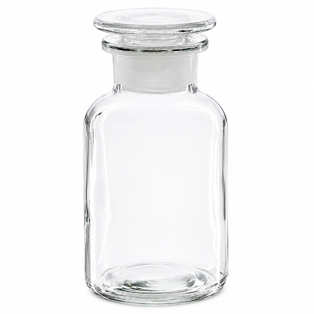 Rund skulderflaske 250 ml klar glasprop med bred hals Gennemsigtig flaske med runde skuldre, 250 ml, med glasprop og bred hals til laboratorier og apoteker
