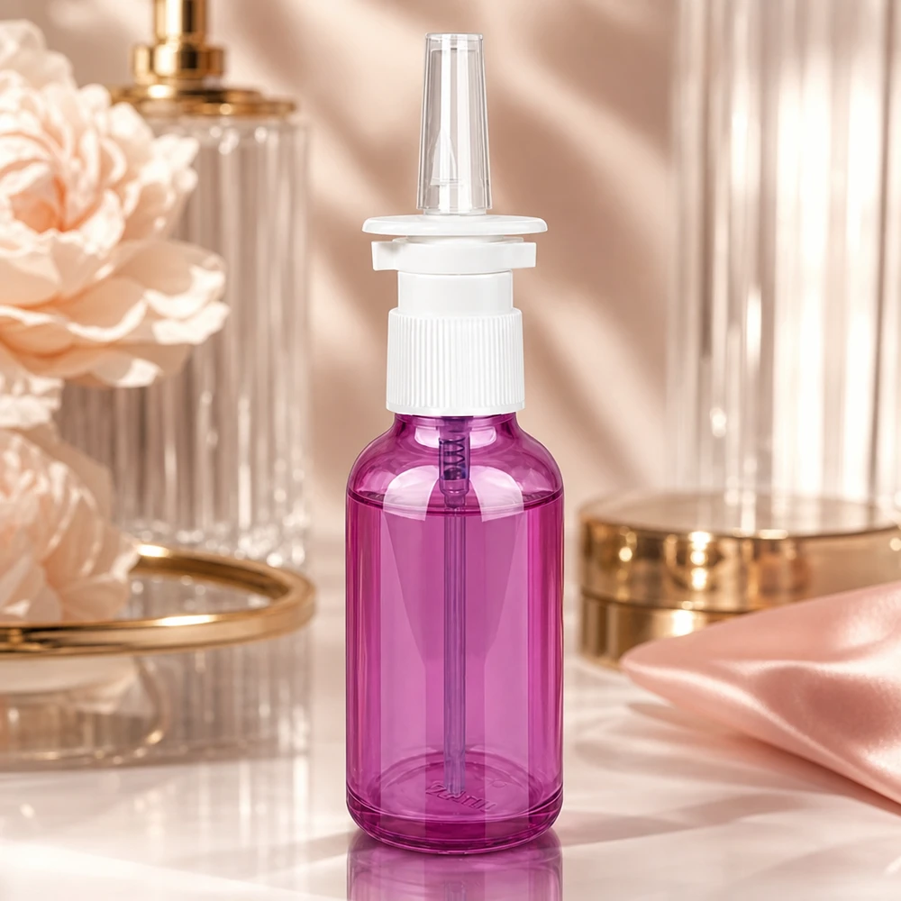 30 ml næsesprayflaske hvid/transparent standard PurpleLine. UT18/30 30 ml næsesprayflaske af høj kvalitet med UT18-gevind i lilla til farmaceutiske præparater