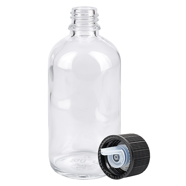 100 ml dråbeflaske 1 mm sort STD ClearLine UT18/100 100 ml ClearLine-dråbeflaske af klart glas med sort dråbehætte og 1 mm åbning