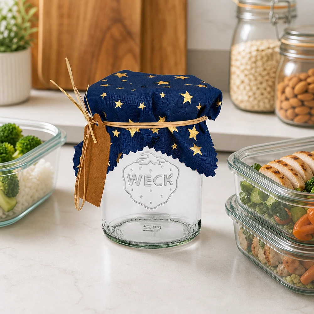 Stofdækkeserviet stjerner blå 120x120mm firkantet Blå stjernedug 12 cm på WECK-krukke i moderne køkken med meal prep-skåle og opbevaringskrukker