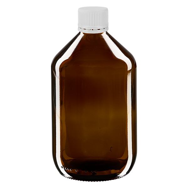 500 ml medicinflaske ravfarvet, hvid hætte med manipulationssikker ring ApoGlas. Farmaceutisk kvalitet fra EU-produktion. 28 mm (PP28) gevind. (sirup, let glasflaske) 500 ml medicinflaske ravfarvet, hvid hætte med manipulationssikker ring ApoGlas. Farmaceutisk kvalitet fra EU-produktion. 28 mm (PP28) gevind. (sirup, let glasflaske)