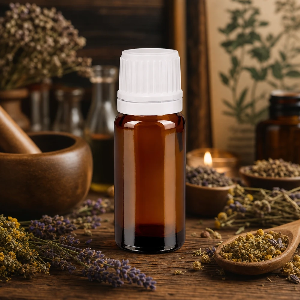 Kompakt 10 ml dråbeflaske af ravfarvet glas med hvid skruelåg til naturmedicin