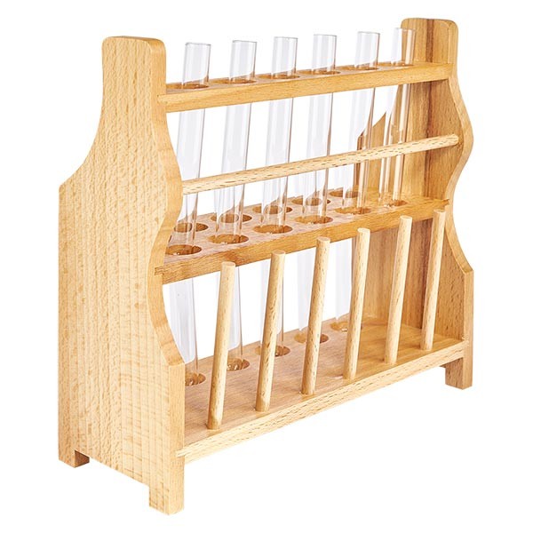 Reagensglasstativ i træ med 12 reagensglas plus sodakalk 100x12