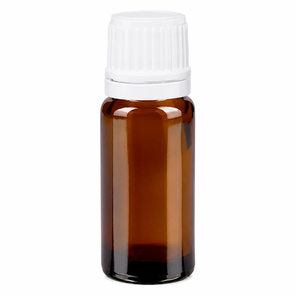 Apoteksflaske brun 10 ml skruelåg hvid OV 10 ml brun apotekerflaske med hvid skruelåg, fremstillet af brunt glas af høj kvalitet