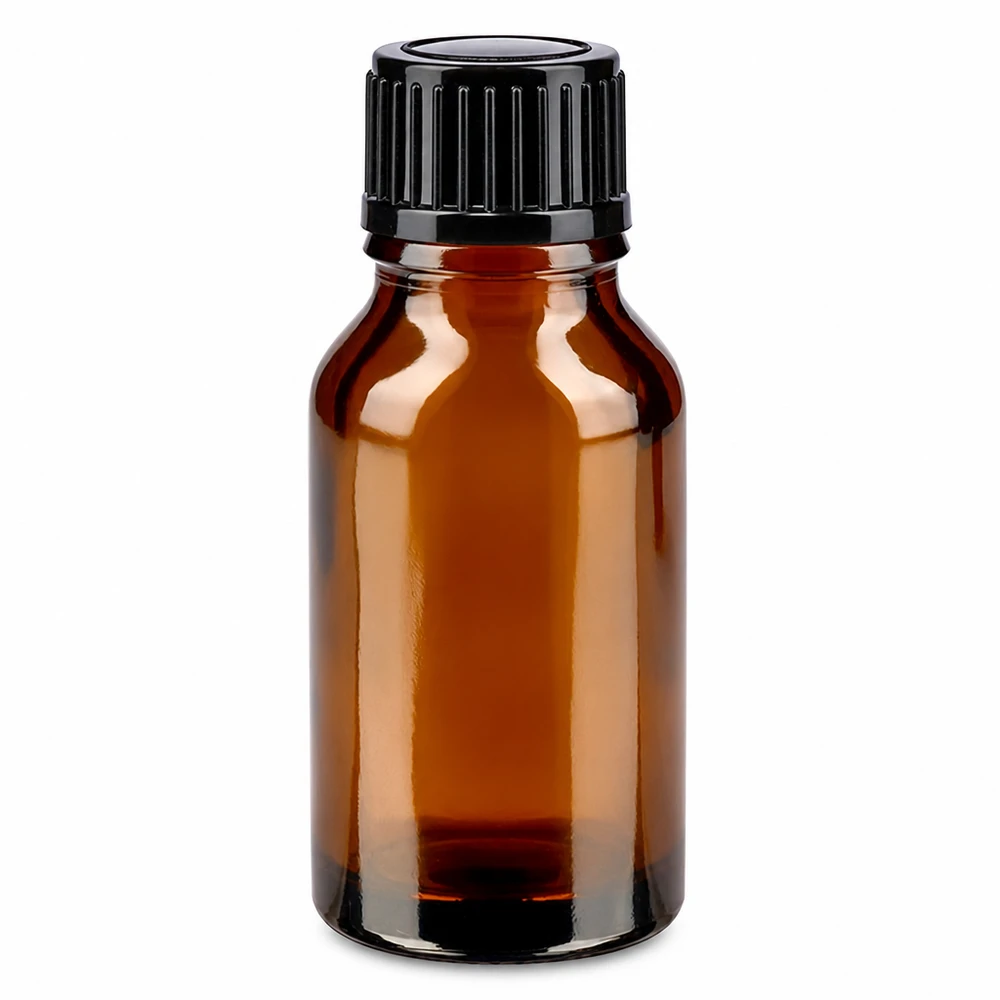 Brun apoteksflaske på 15 ml med sort skruelåg, fremstillet af brunt glas af høj kvalitet