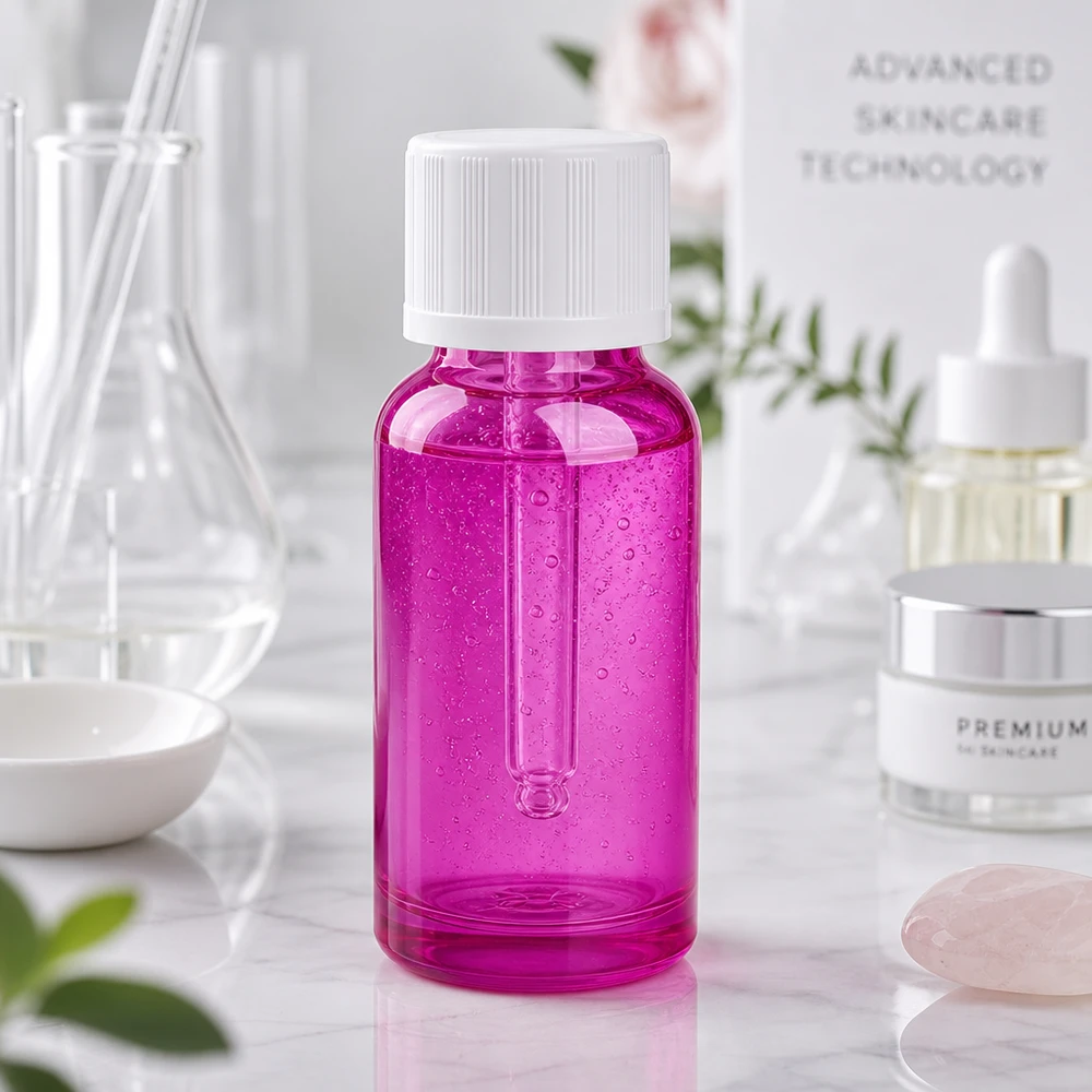 20 ml dråbeflaske 1,2 mm hvid standard børnesikret PurpleLine.UT18/20 Tom 20 ml dråbeflaske i elegant lilla med hvid hætte til kosmetik og laboratoriebrug