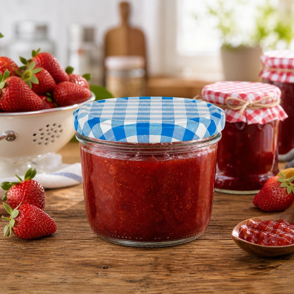 230 ml Briller + BasicSeal-låg blå/hvid UNiTWIST 230 ml murerbalje med blåt og hvidt BasicSeal-låg fyldt med jordbærmarmelade i en rustik køkkenscene