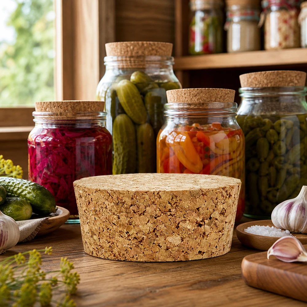 Kork til 40 mm åbning WECK RR40 (ø38/43, H=20 mm) Korkprop RR40 til WECK syltetøjsglas med fermenterede pickles sauerkraut i rustikt køkken naturlig korkprop 40mm