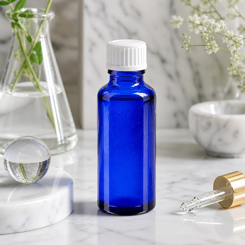 Apoteksflaske blå 30 ml skruelåg hvid pc Blå 30 ml apotekerflaske af glas med hvid standardprop på marmor med pipette