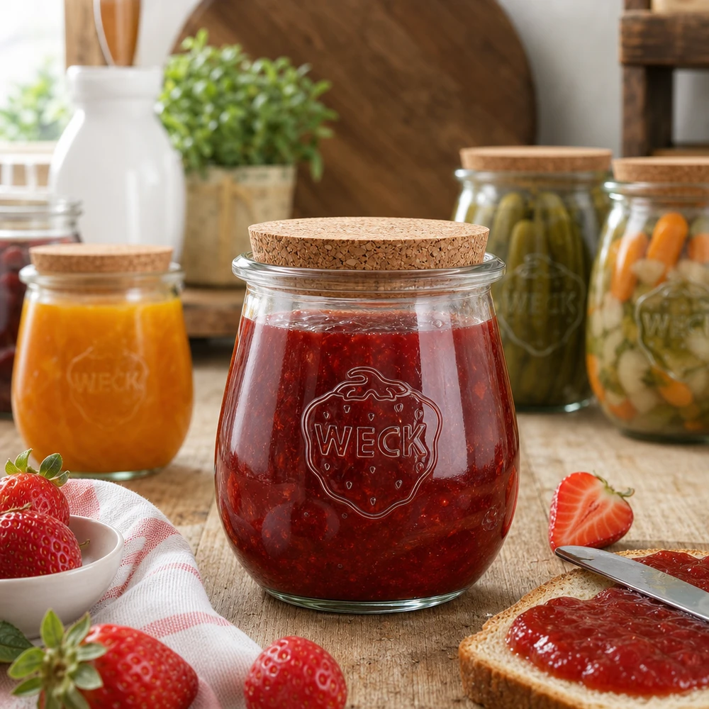 220 ml tulipankrukke WECK RR60 med kork natur WECK tulipankrukke med kork fyldt med jordbærmarmelade i et hyggeligt køkkenmiljø med frisk frugt