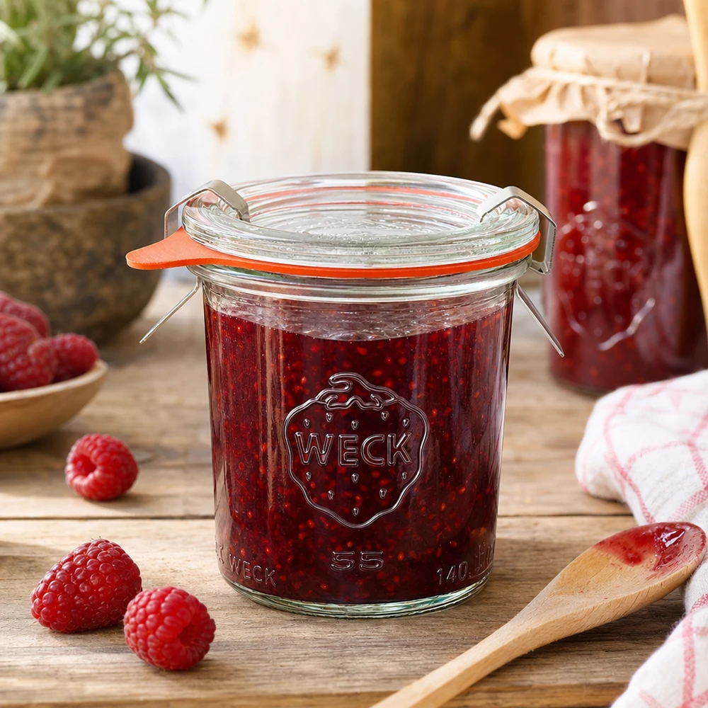140 ml Briller komplet WECK RR60 WECK syltetøjsglas 140 ml RR60 fyldt med hindbærmarmelade i rustikt køkken med friske bær og træske