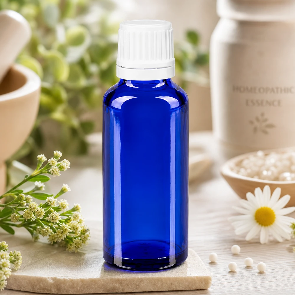 Blå 30 ml homøopatisk dråbeflaske af ApoGlas med hvid etiket ved siden af kamilleblomst og globuli