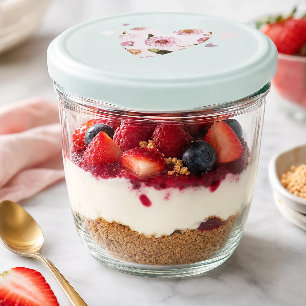 230 ml glas med skrå kant + BasicSeal låg, hjerteformet, mint UNiTWIST Bærdessert i 230 ml glas med BasicSeal-hjertelåg med mynte, lagdelt dessert med yoghurt og frisk frugt