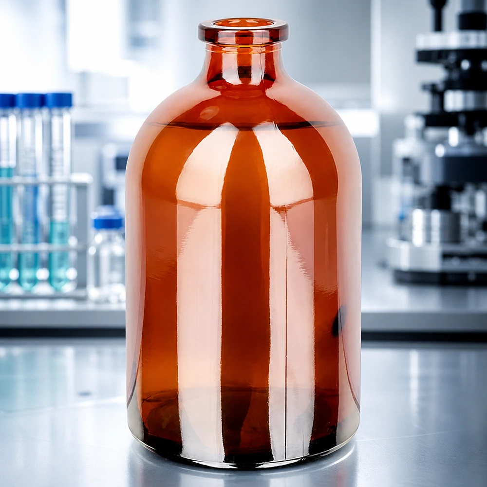 Injektionsflaske af ravfarvet glas 100 ml Injektionsflasche 100ml Braunglas mit bauchiger Korpusform und engem Rollrandhals ohne Verschluss
