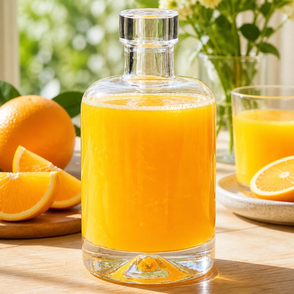 50 ml glasflaske 50ml Glasflasche "Amelie" ohne Verschluss UNiTWIST uden låg UNiTWIST® 50 ml glasflaske Amelie fyldt med appelsinjuice ved siden af friske appelsiner viser brug til frugtjuice og smoothies