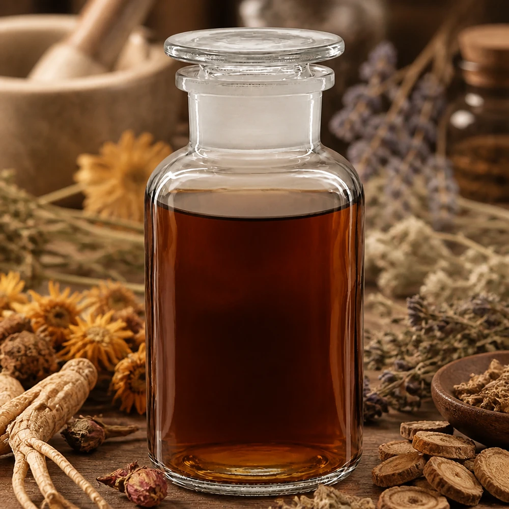 Rund skulderflaske 500 ml klar glasprop med bred hals Apotekerflaske, 500 ml, klar, bredhalset, med glasprop, omgivet af tørrede lægeurter