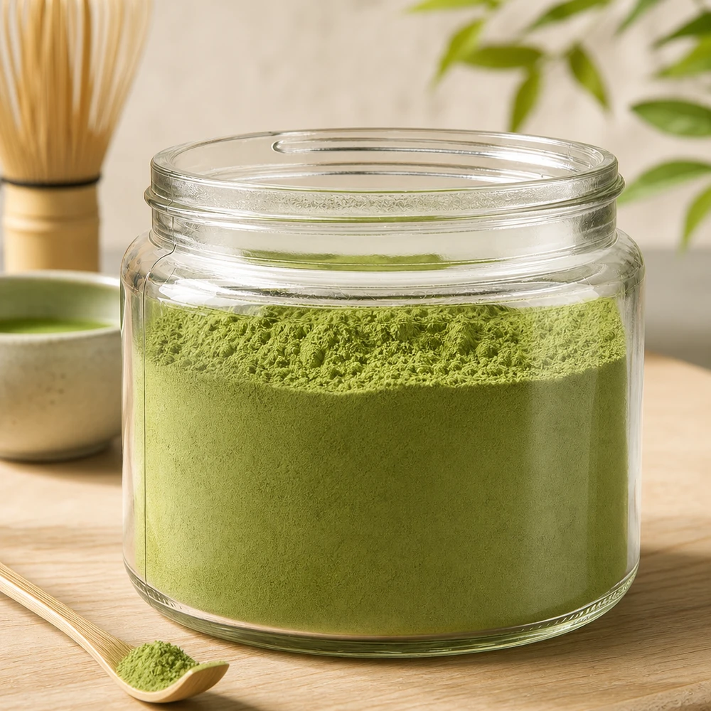 Salvebeholder (glasbeholder) 250 ml klar, uden låg, gevind 83mm/R3 Glaskrukke 250 ml klar fyldt med grønt matchapulver ved siden af bambuspiskeris på træbord Tilberedning af te