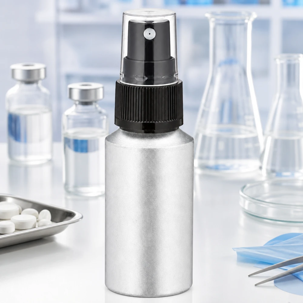 30 ml farvet aluminiumsflaske med forstøver Kompakt 30 ml aluminiumsflaske med spraytilbehør, perfekt til mobile anvendelser og på rejser