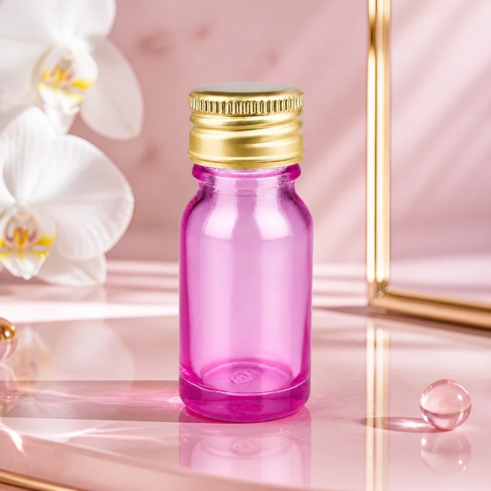 10ml flaske 11mm skruelåg aluminium guld standard PurpleLine. UT18/10 Elegant 10 ml flaske i transparent lilla med luksuriøs guld-aluminiumshætte til premiumprodukter