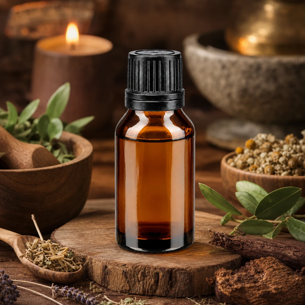 Aromatiske urter og brun apotekerflaske på 15 ml med sort dråbepropp på træ