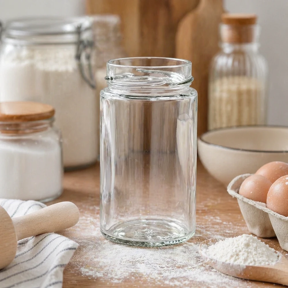 UNiTWIST Runda245 - Rund krukke med en kapacitet på 245 ml TO58deep Leeres Rundglas 245ml in Küche mit Kochzutaten - UNiTWIST Einmachglas für Vorratshaltung und Dekoration
