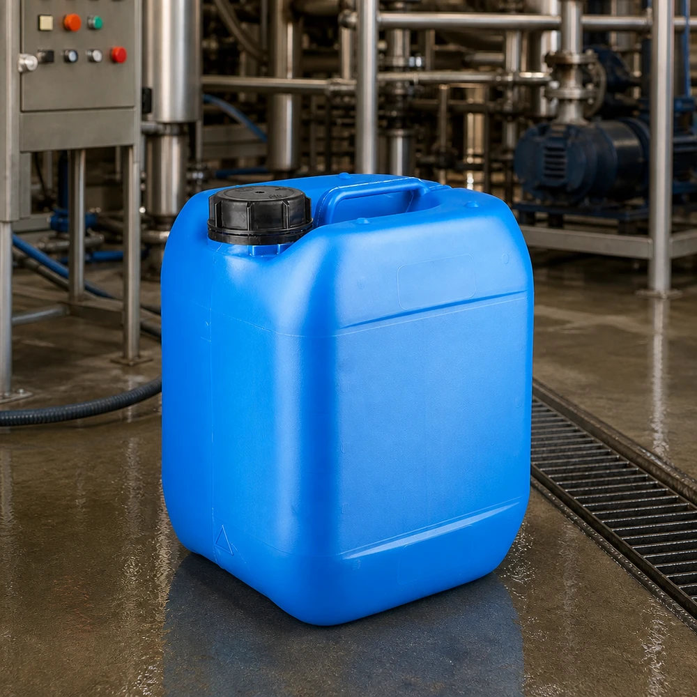 Blå industrikanister på 5 liter med OV-skruelåg i et kemisk produktionsanlæg