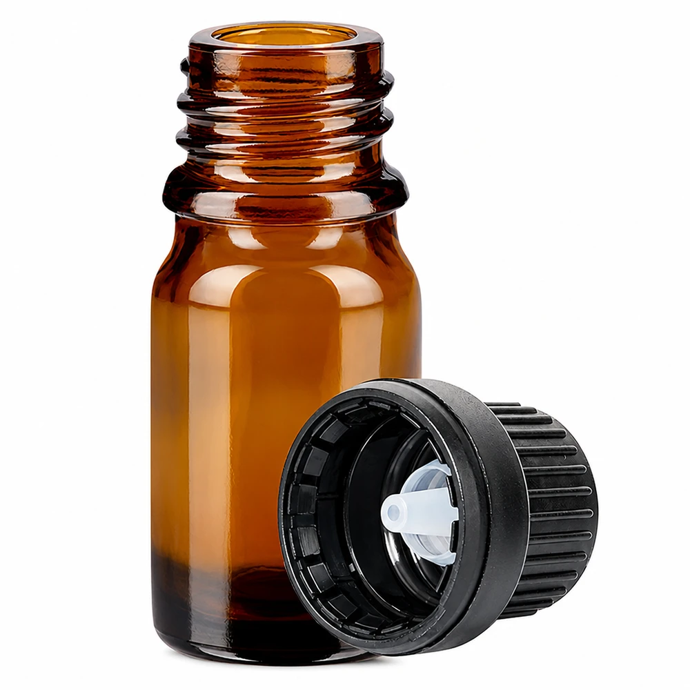 5ml Dropperflaske 2mm sort OV BrownLine UT18/5 5 ml ravfarvet glasflaske med 2 mm dråbetud og sort skruelåg til præcis dosering
