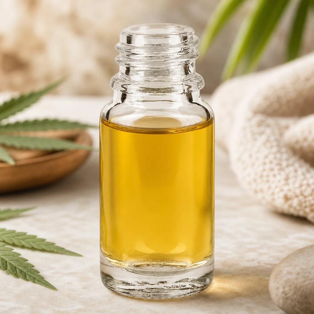 10 ml Apoteksflaske ClearLine DIN18 UNiTWIST Gennemsigtig 10 ml apoteksflaske af typen ClearLine DIN18 med gul CBD-olie på en naturlig baggrund