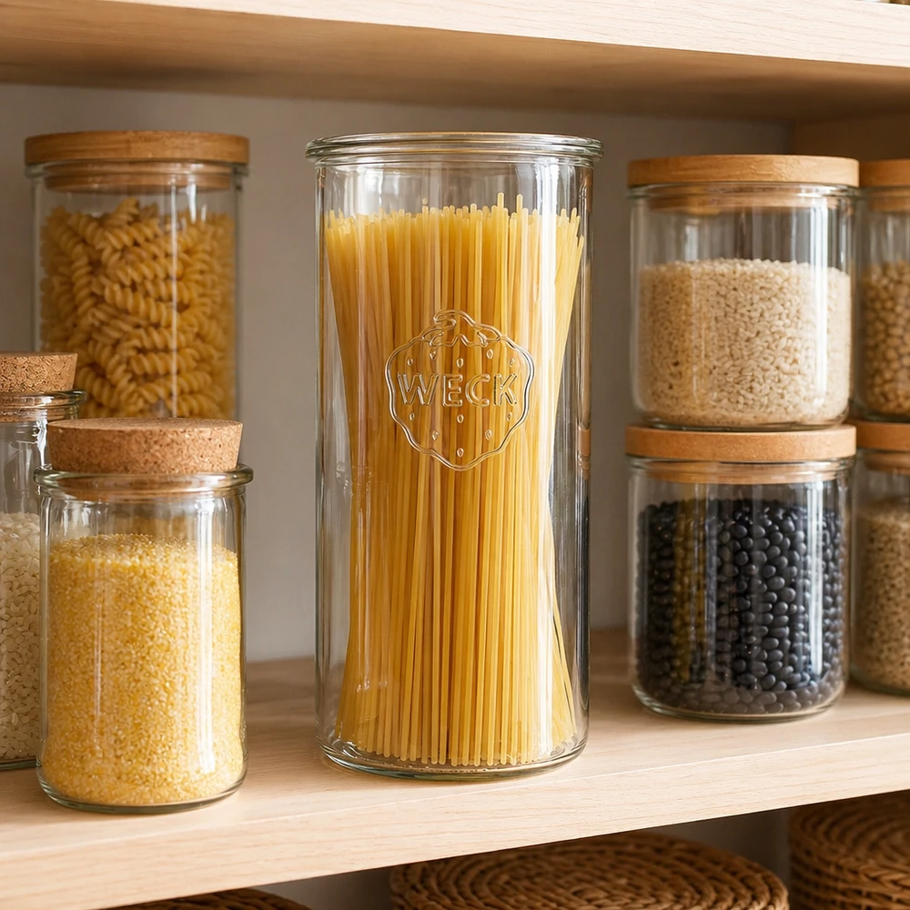 1500 ml WECK RR100-glas med skrå kant 1500 ml WECK RR100-glas fyldt med spaghetti i organiseret opbevaring i spisekammeret ved siden af andre glas